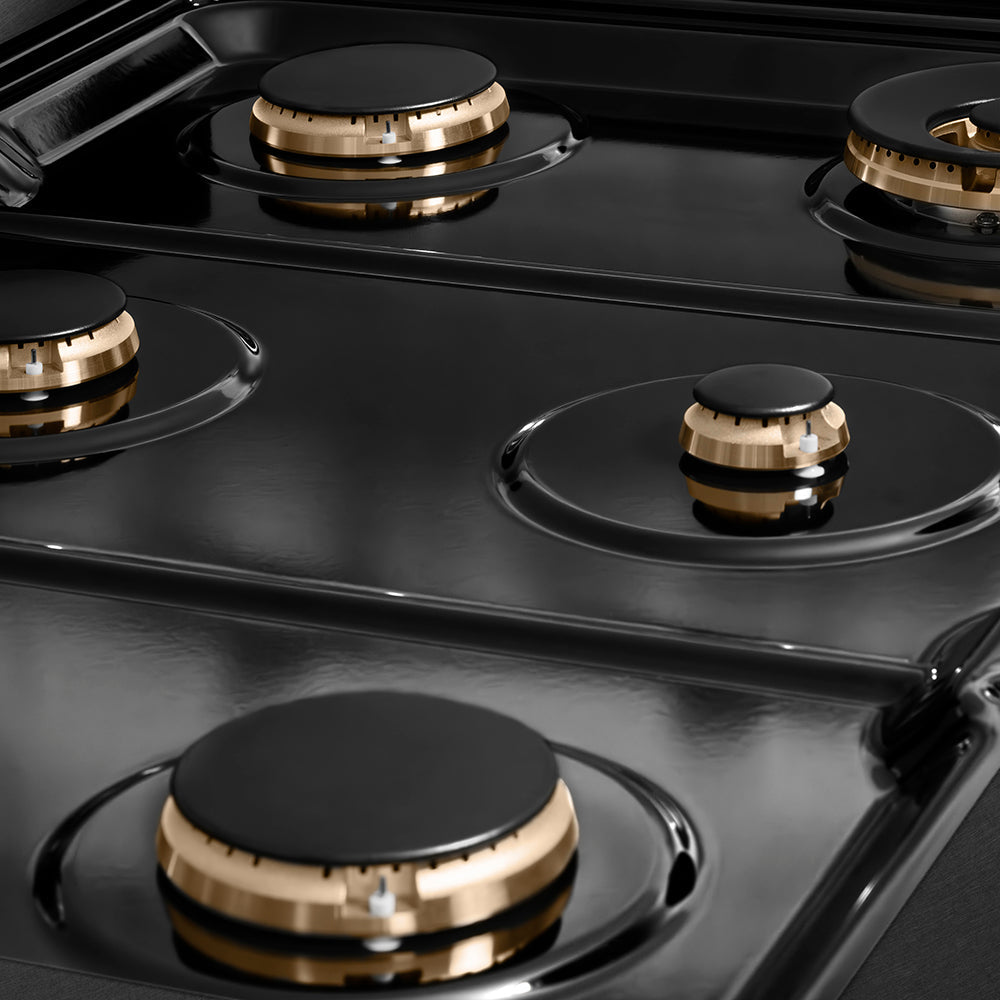 ZLINE Paramount 36-inch rangetop in black satin stainless steel and matte black and champagne bronze accents SRTBSZ-36-MBCB, from above