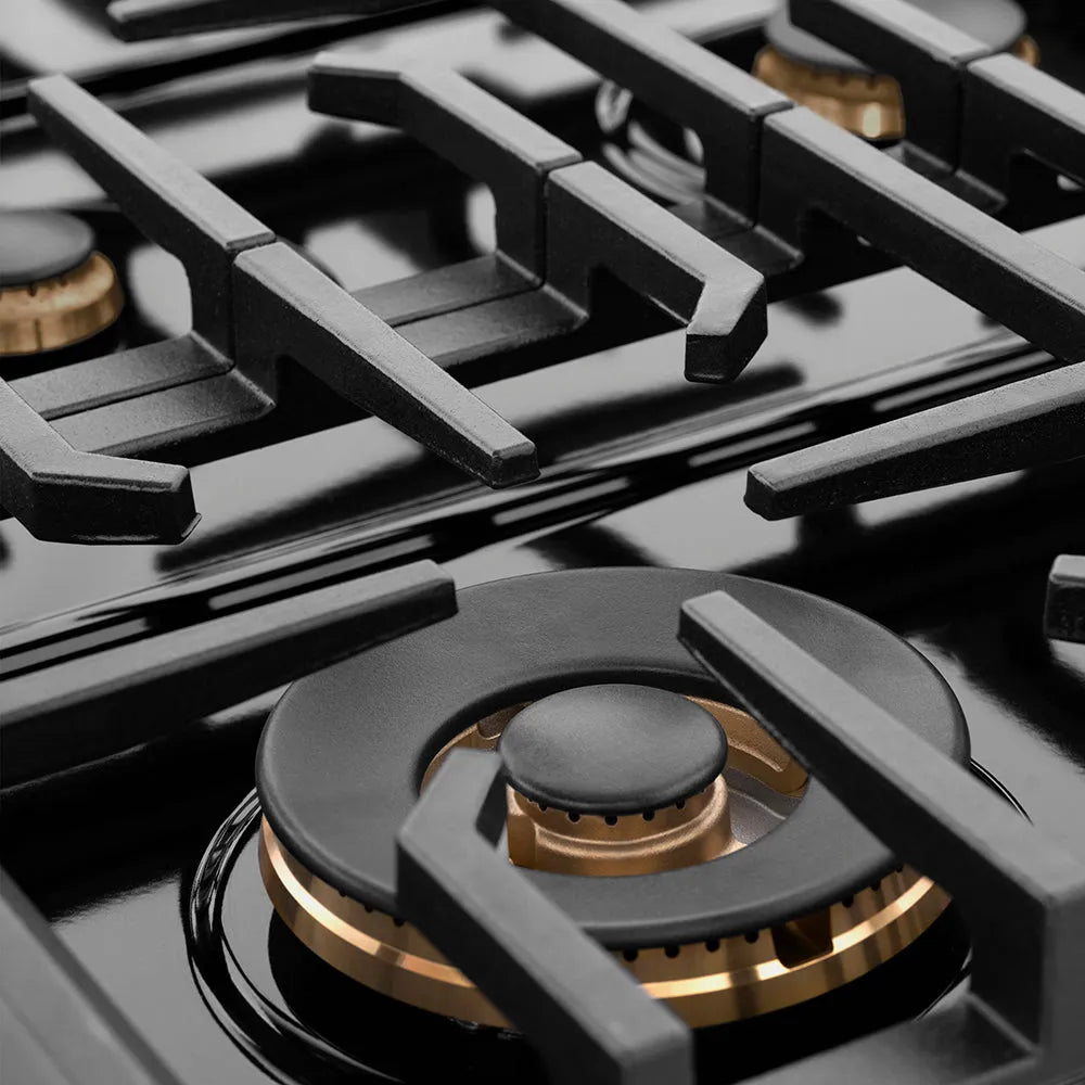 ZLINE Autograph Edition Paramount 48-inch rangetop in black satin stainless steel and polished gold accents SRTBSZ-48-G, from above