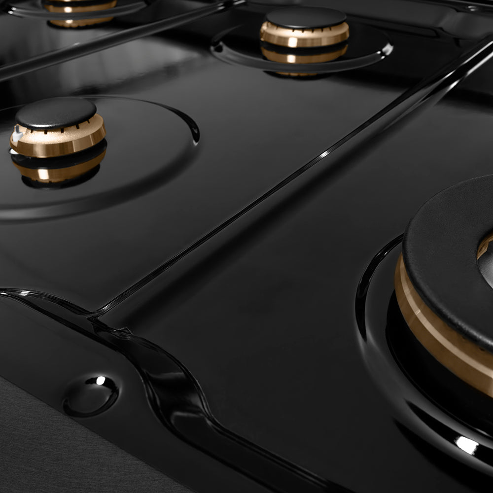 ZLINE Autograph Edition Paramount 48-inch rangetop in black satin stainless steel and polished gold accents SRTBSZ-48-G, from above