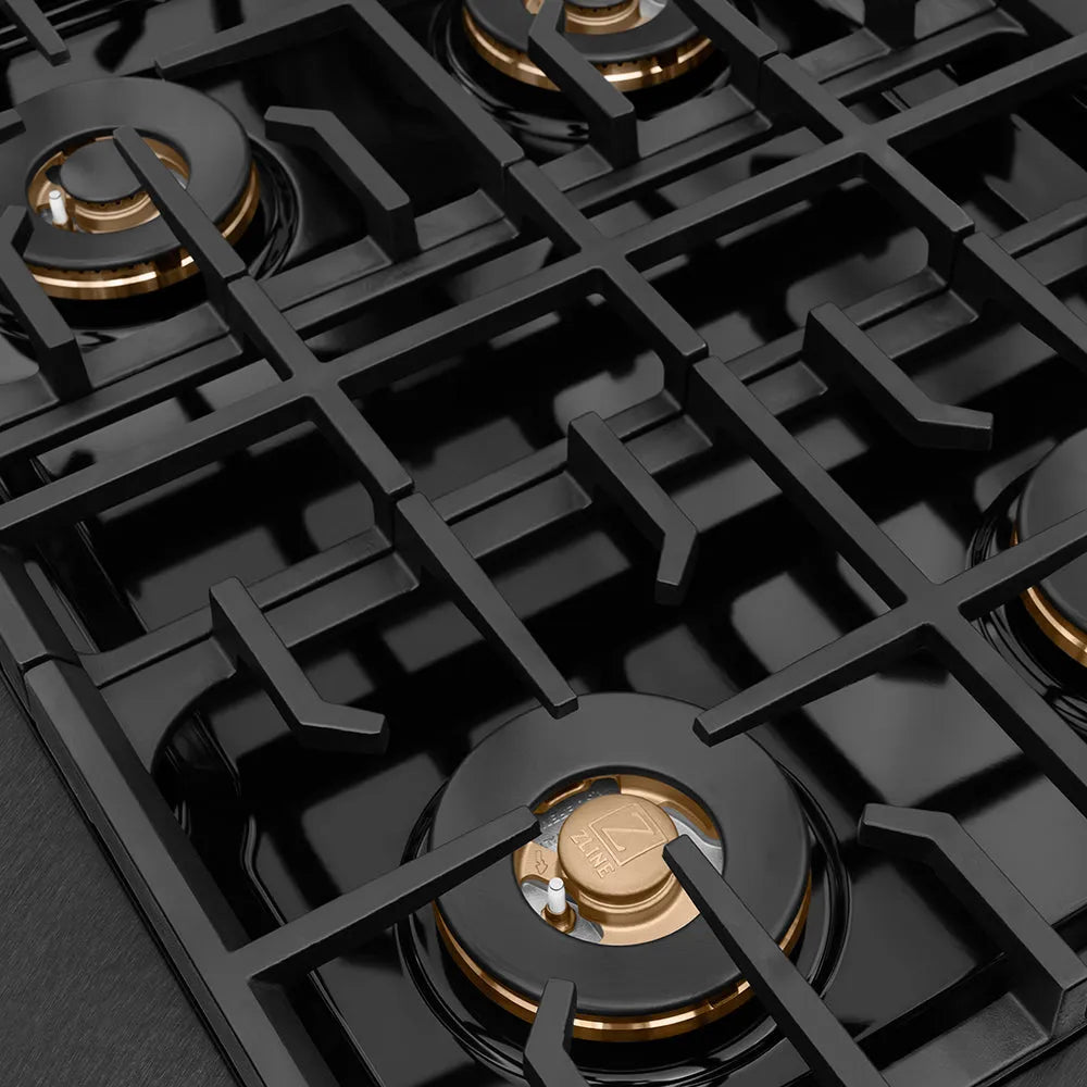 ZLINE Autograph Edition Paramount 30-inch rangetop in black satin stainless steel and polished gold accents PSRTBSZ-30-G, from above