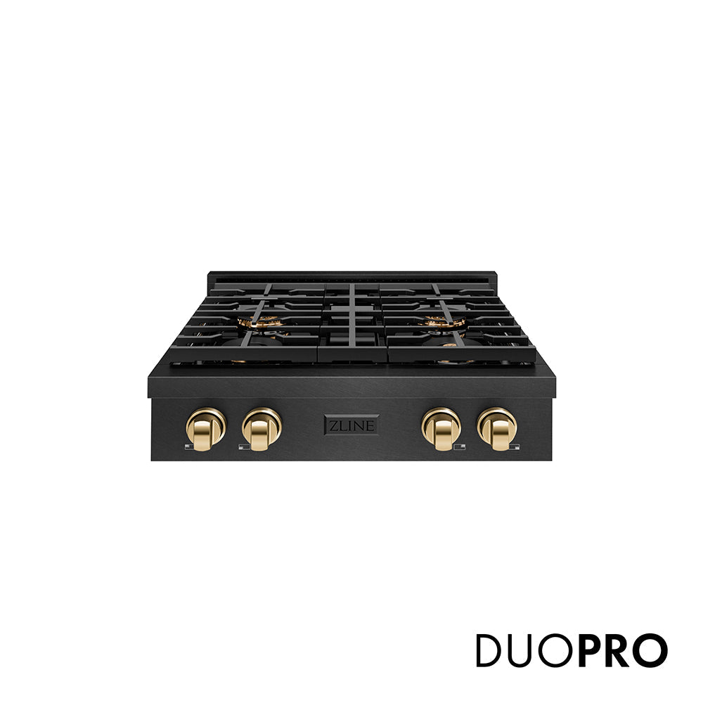 ZLINE Autograph Edition Paramount 30-inch rangetop in black satin stainless steel and polished gold accents PSRTBSZ-30-G