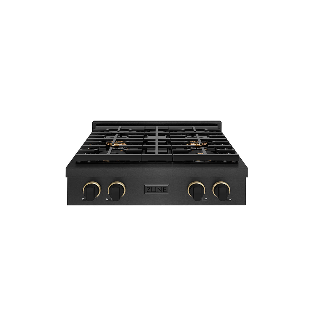ZLINE Paramount 30-inch rangetop in black satin stainless steel and matte black and champagne bronze accents PSRTBSZ-30-MBCB, front view