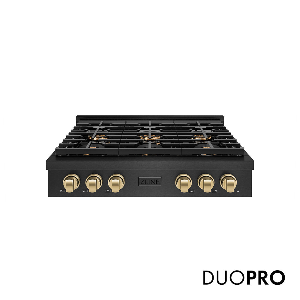 ZLINE Autograph Edition Paramount 36-inch rangetop in black satin stainless steel and champagne bronze accents PSRTBSZ-36-CB