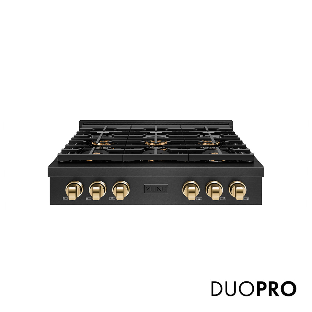 ZLINE Autograph Edition Paramount 36-inch rangetop in black satin stainless steel and polished gold accents PSRTBSZ-36-G