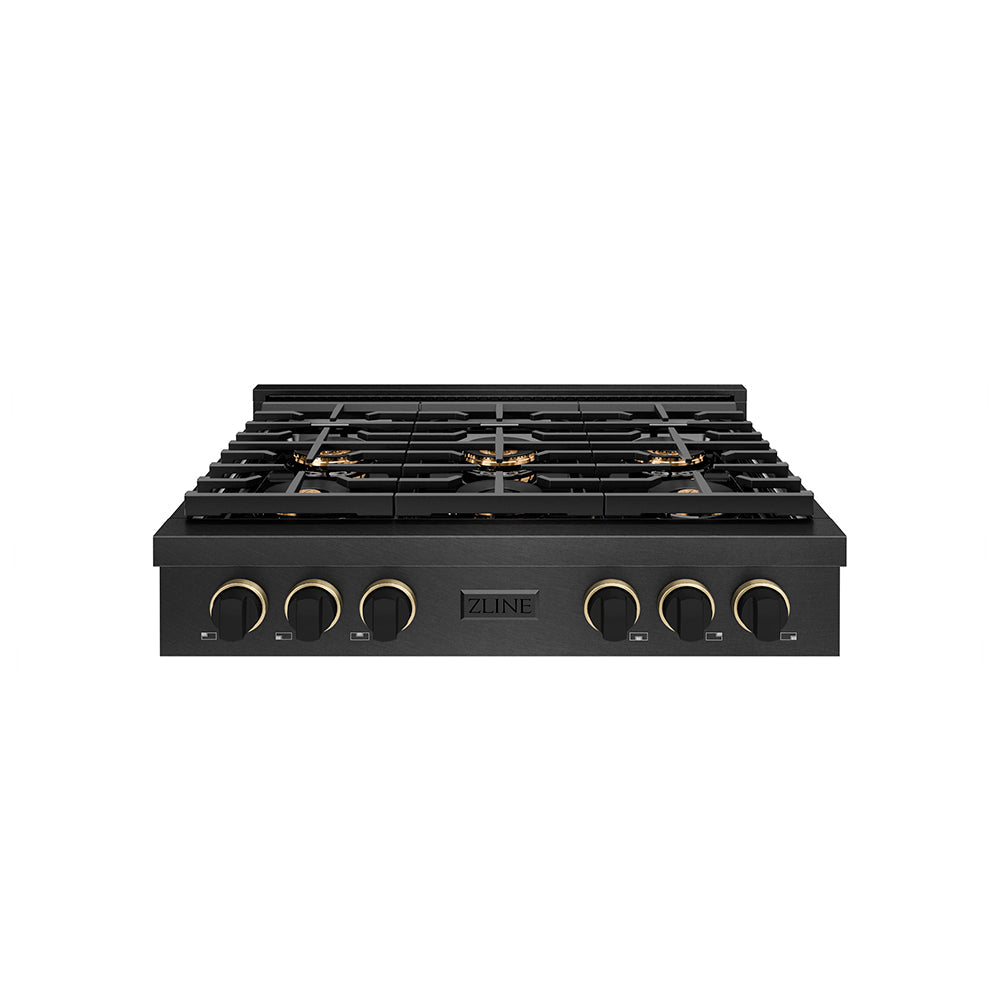 ZLINE Paramount 36-inch rangetop in black satin stainless steel and matte black and champagne bronze accents PSRTBSZ-36-MBCB, front view