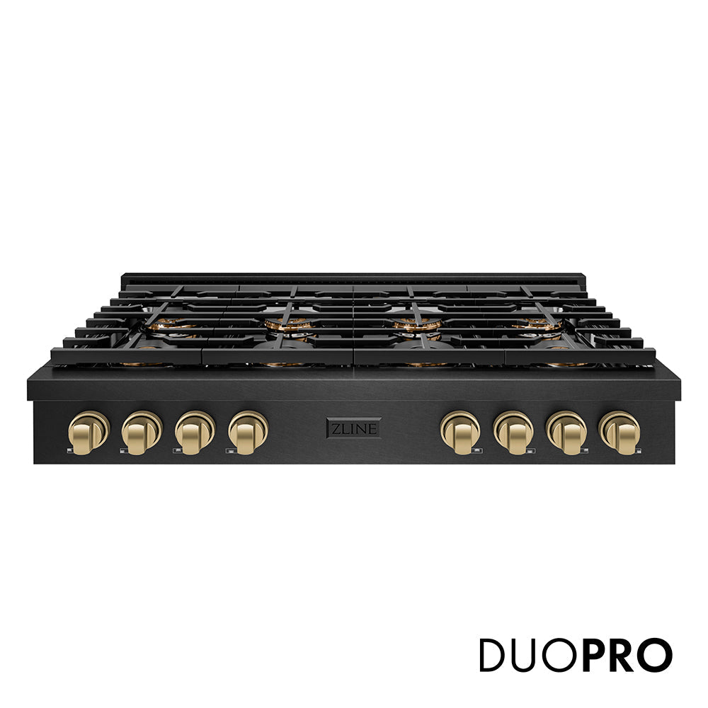 ZLINE Autograph Edition Paramount 48-inch rangetop in black satin stainless steel and champagne bronze accents PSRTBSZ-48-CB