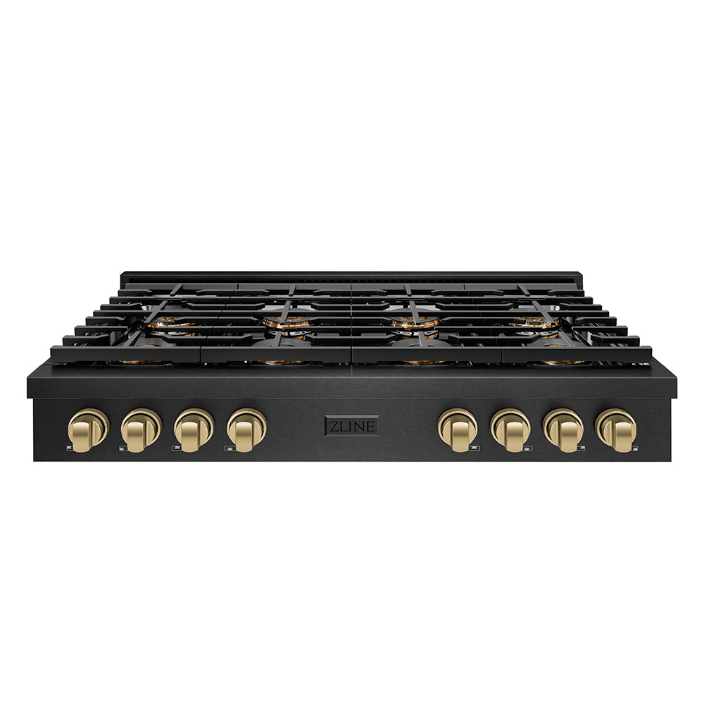 ZLINE Autograph Edition Paramount 48-inch rangetop in black satin stainless steel and champagne bronze accents PSRTBSZ-48-CB, front view