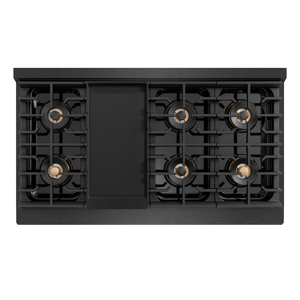 ZLINE Paramount 48-inch rangetop in black satin stainless steel and matte black and champagne bronze accents PSRTBSZ-48-MBCB, from above