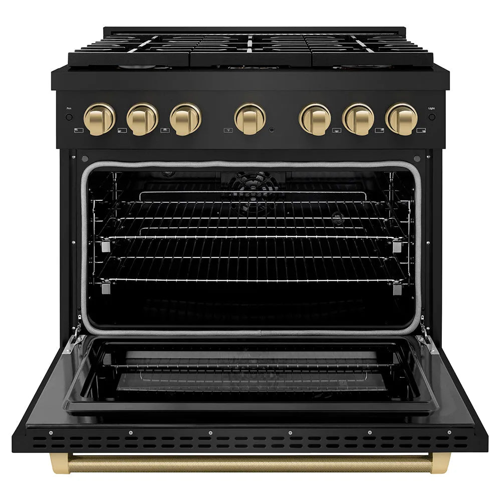 ZLINE Autograph Edition Paramount 36-inch range in black stainless steel and champagne bronze accents SDRBZ-36-KCB, front view