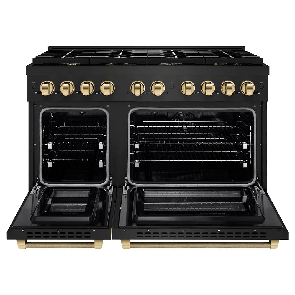 ZLINE Autograph Edition Paramount 48-inch range in black stainless steel and polished gold accents SDRBZ-48-KG, front view