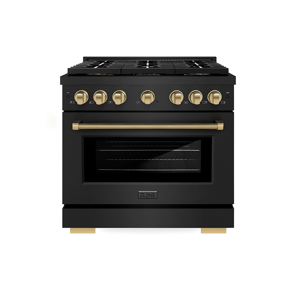 ZLINE Autograph Edition Paramount 36-inch range in black stainless steel and champagne bronze accents PSDRBZ-36-KCB, front view