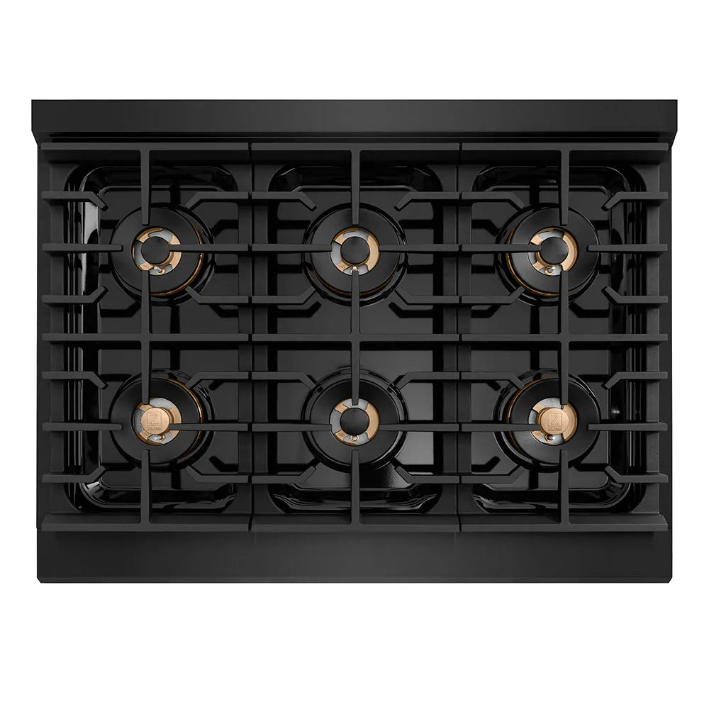 ZLINE Autograph Edition Paramount 36-inch range in black stainless steel and champagne bronze accents PSDRBZ-36-KCB, from above