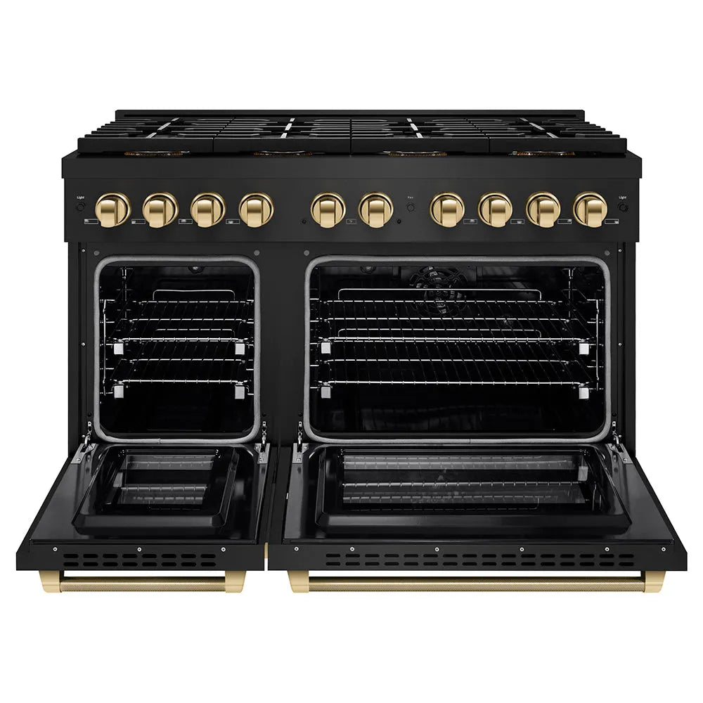 ZLINE Autograph Edition Paramount 48-inch range in black stainless steel and polished gold accents PSDRBZ-48-KG, front view