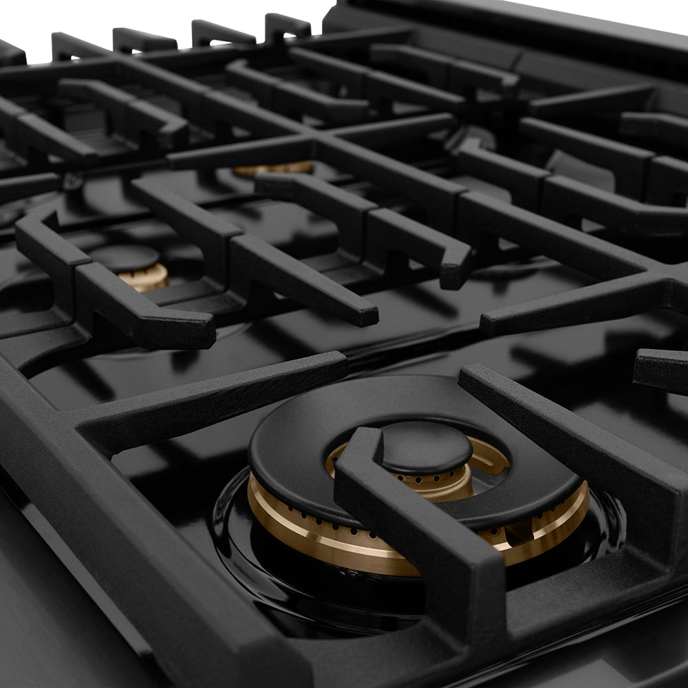 ZLINE Autograph Edition Paramount 36-inch range in black stainless steel and champagne bronze accents SGRBZ-36-KCB, detail