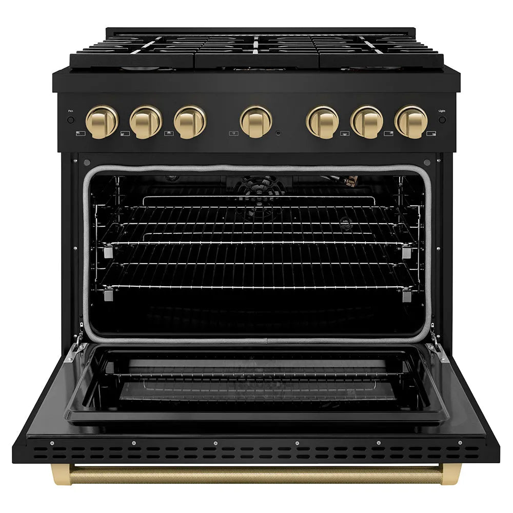 ZLINE Autograph Edition Paramount 36-inch range in black stainless steel and champagne bronze accents SGRBZ-36-KCB, front view