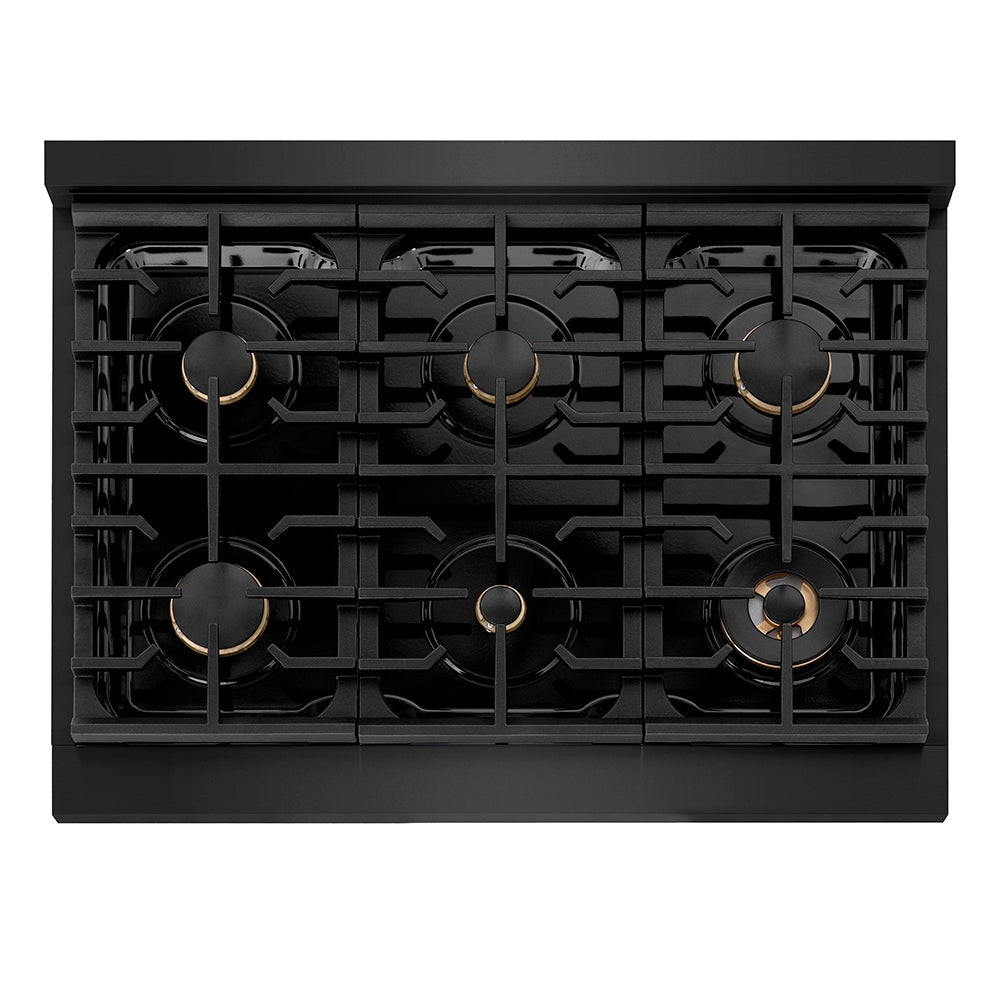 ZLINE Autograph Edition Paramount 36-inch range in black stainless steel and champagne bronze accents SGRBZ-36-KCB, from above