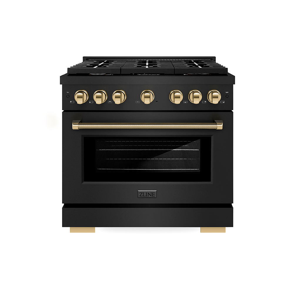 ZLINE Autograph Edition Paramount 36-inch range in black stainless steel and polished gold accents SGRBZ-36-KG