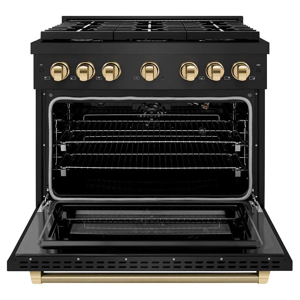 ZLINE Autograph Edition Paramount 36-inch range in black stainless steel and polished gold accents SGRBZ-36-KG, front view