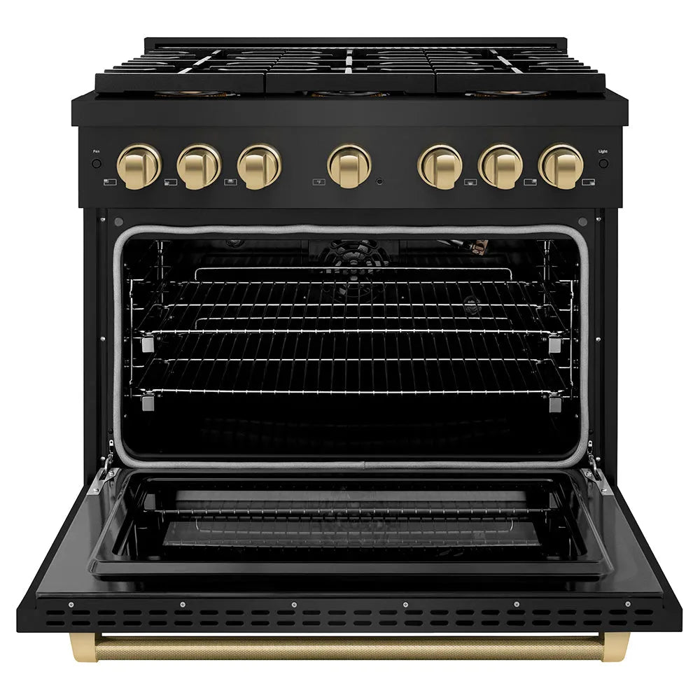 ZLINE Autograph Edition Paramount 36-inch range in black stainless steel and champagne bronze accents PSGRBZ-36-KCB, front view