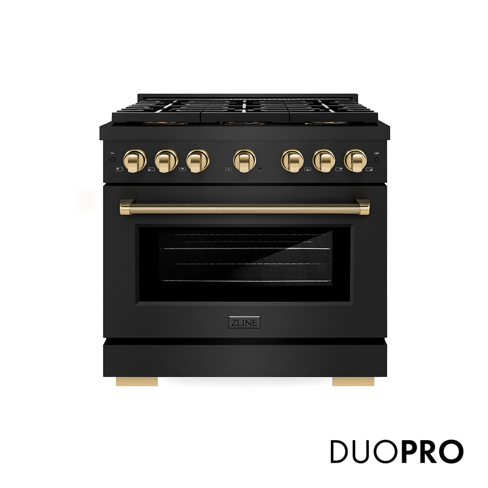 ZLINE Autograph Edition Paramount 36-inch range in black stainless steel and polished gold accents PSGRBZ-36-KG