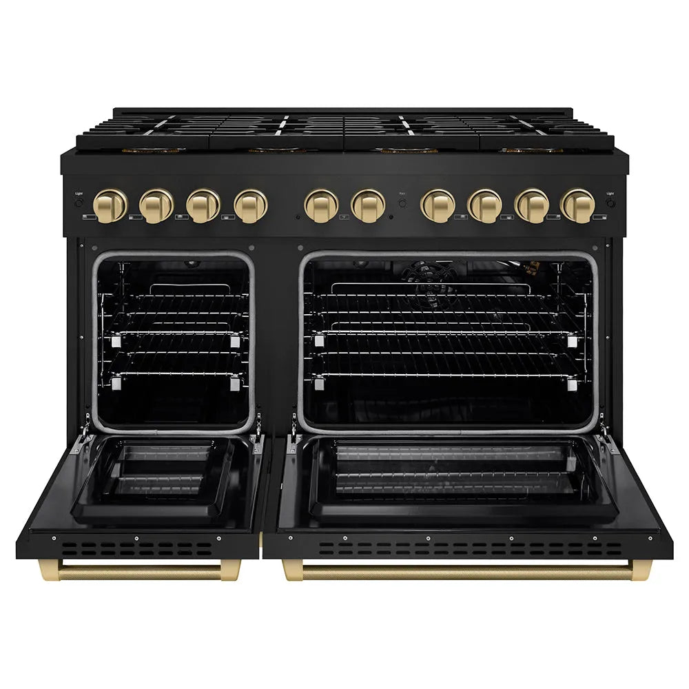 ZLINE Autograph Edition Paramount 48-inch range in black stainless steel and champagne bronze accents PSGRBZ-48-KCB, front view