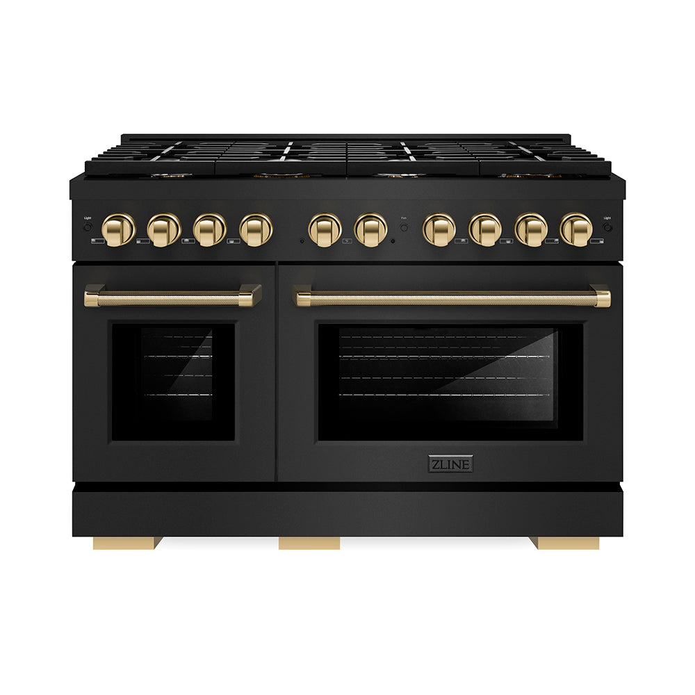ZLINE Autograph Edition Paramount 48-inch range in black stainless steel and polished gold accents PSGRBZ-48-KG, front view
