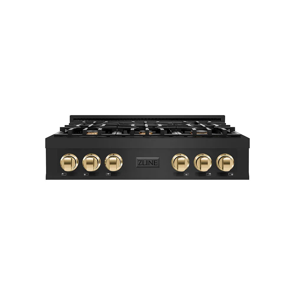 ZLINE Autograph Edition Classic 36-inch rangetop in black stainless steel and polished gold accents RTBZ-36-G