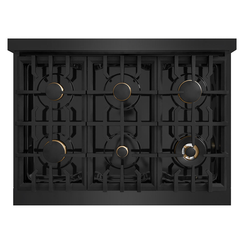 ZLINE Autograph Edition Classic 36-inch rangetop in black stainless steel and polished gold accents RTBZ-36-G, from above