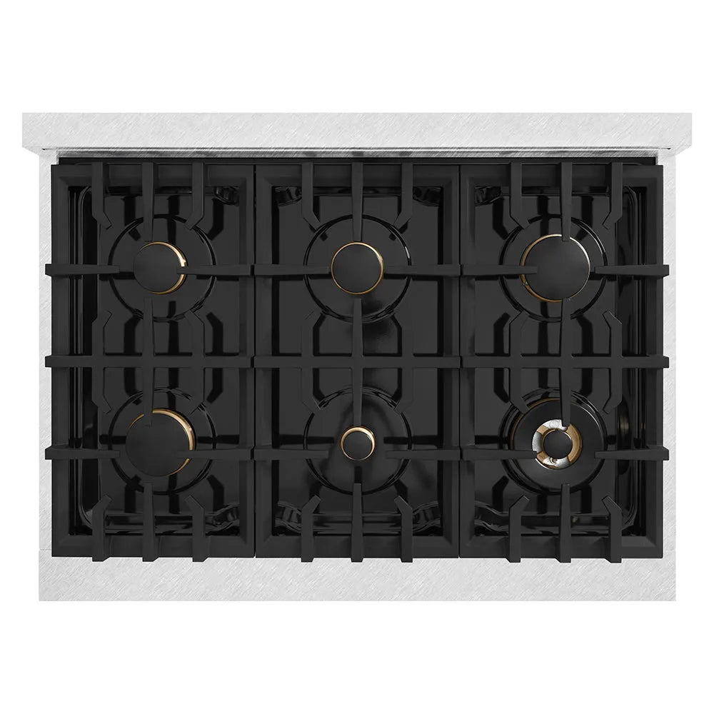 ZLINE Autograph Edition Classic 36-inch rangetop in satin stainless steel and champagne bronze accents RTSZ-36-CB, from above