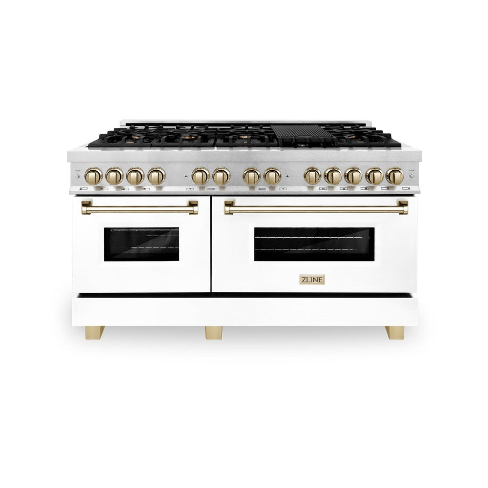 ZLINE Autograph Edition Legacy 60-inch range in stainless steel with white matte door and polished gold accents RAZ-WM-60-G, front view
