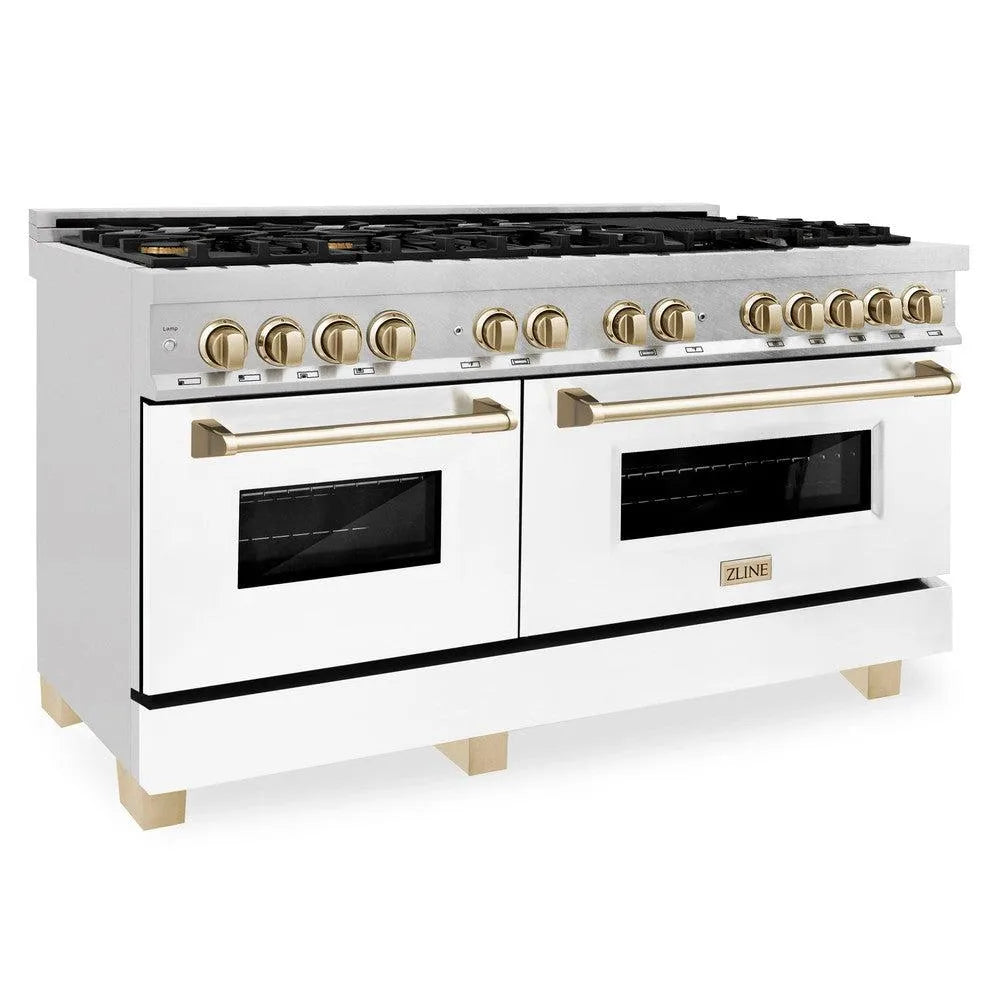 ZLINE Autograph Edition Legacy 60-inch range in stainless steel with white matte door and polished gold accents RAZ-WM-60-G