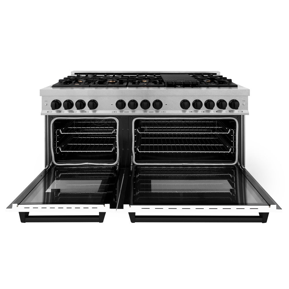 ZLINE Autograph Edition Legacy 60-inch range in stainless steel with white matte door and matte black accents RAZ-WM-60-MB, front view