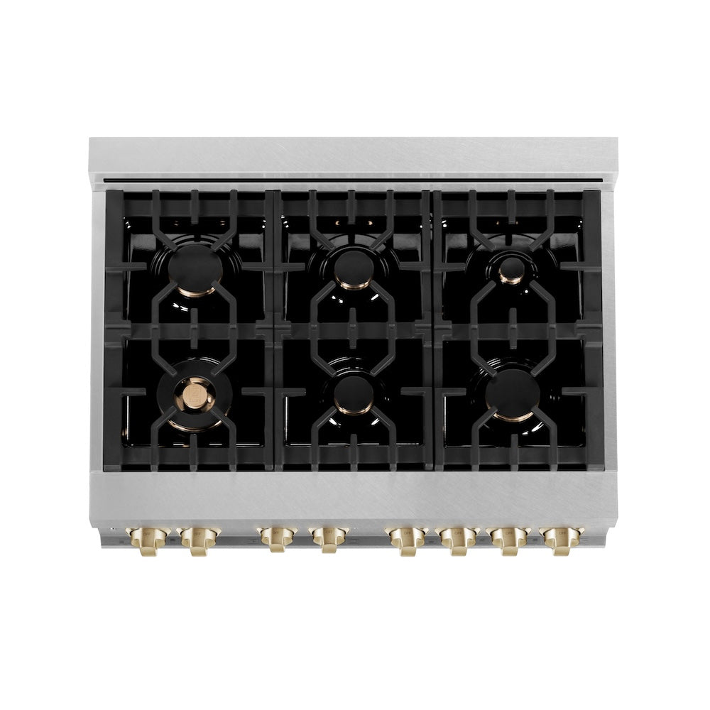 ZLINE Autograph Edition Legacy 36-inch range in satin stainless steel with white matte door and polished gold accents RASZ-WM-36-G, from above