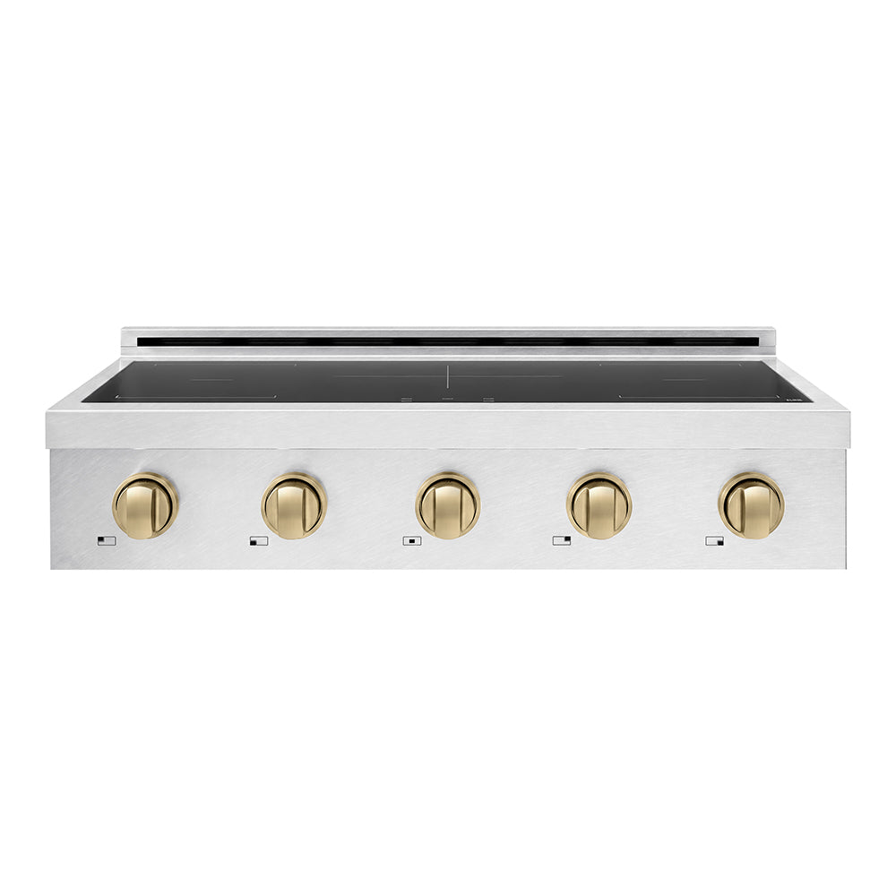 ZLINE Autograph Edition Paramount 36-inch rangetop in satin stainless steel and champagne bronze accents SINRTSZ-36-CB, front view