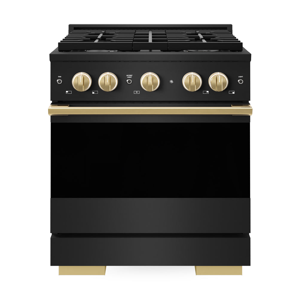 ZLINE Autograph Edition Marino 30-inch range in black stainless steel and polished gold accents MDRBZ-30-G, front view