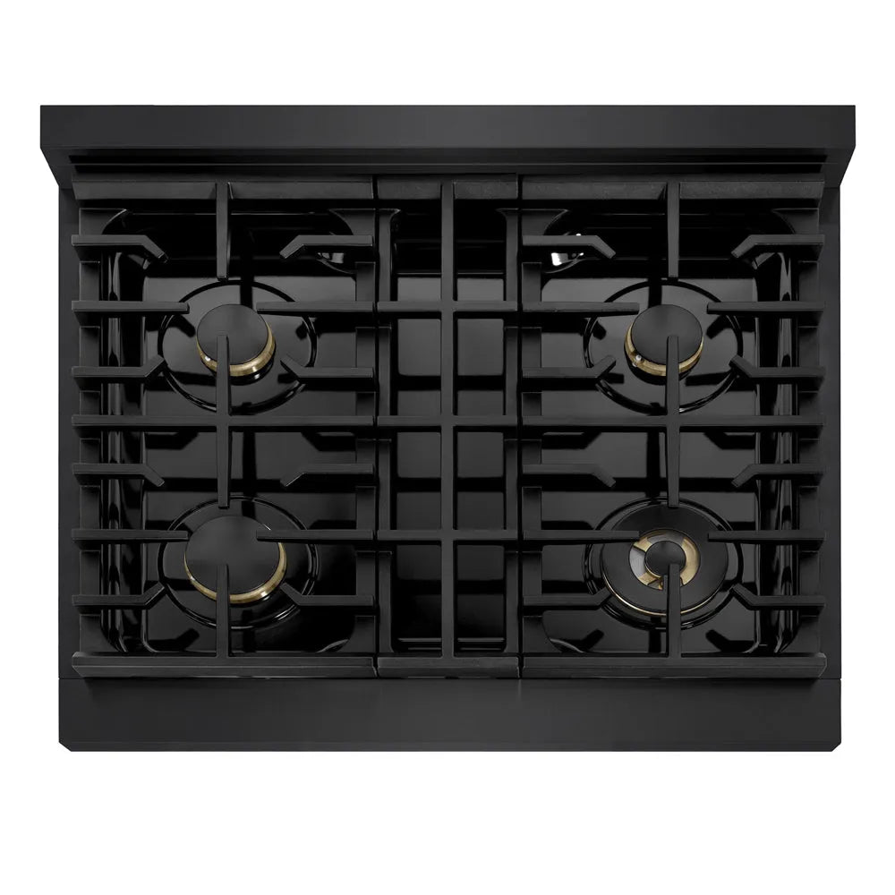 ZLINE Autograph Edition Marino 30-inch range in black stainless steel and polished gold accents MDRBZ-30-G, from above