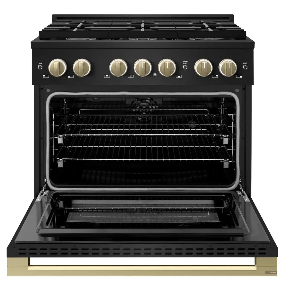 ZLINE Autograph Edition Marino 36-inch range in black stainless steel and champagne bronze accents MDRBZ-36-CB, front view