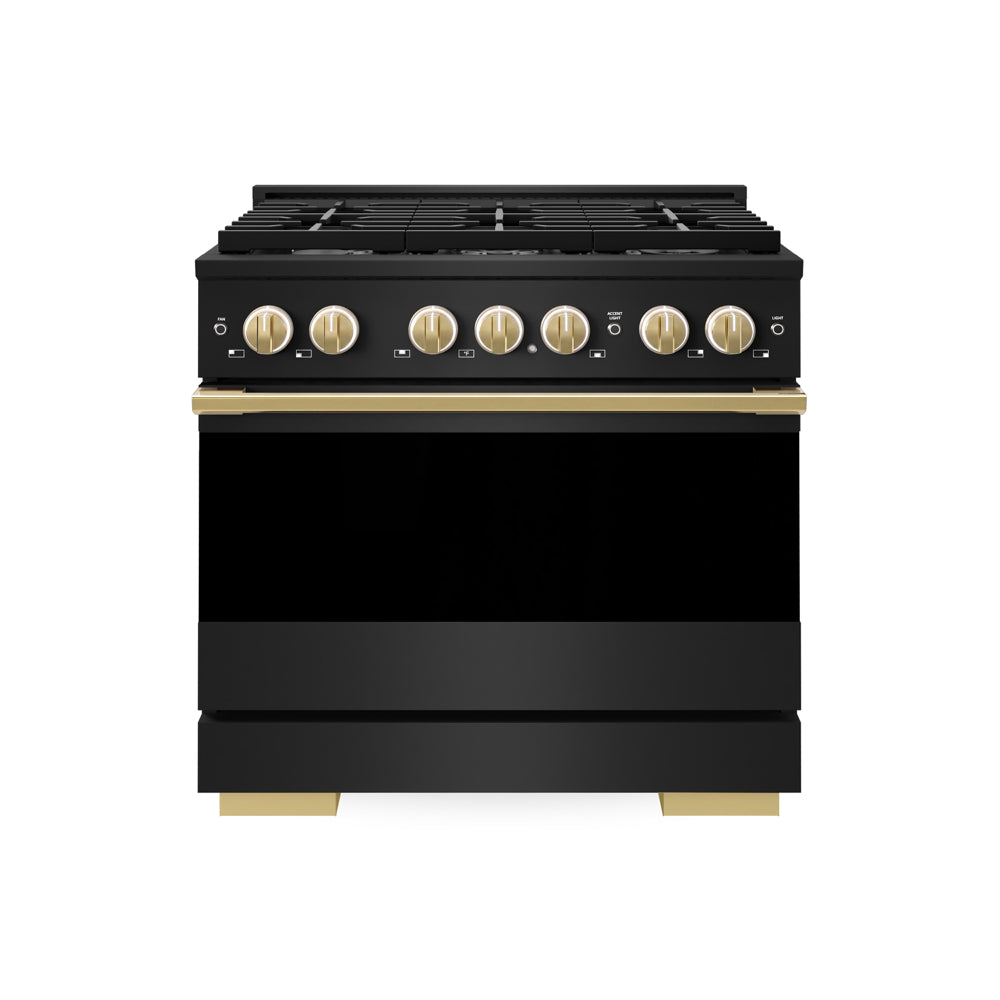 ZLINE Autograph Edition Marino 36-inch range in black stainless steel and polished gold accents MDRBZ-36-G