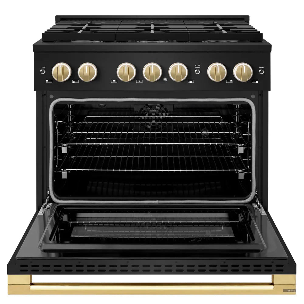 ZLINE Autograph Edition Marino 36-inch range in black stainless steel and polished gold accents MDRBZ-36-G, front view