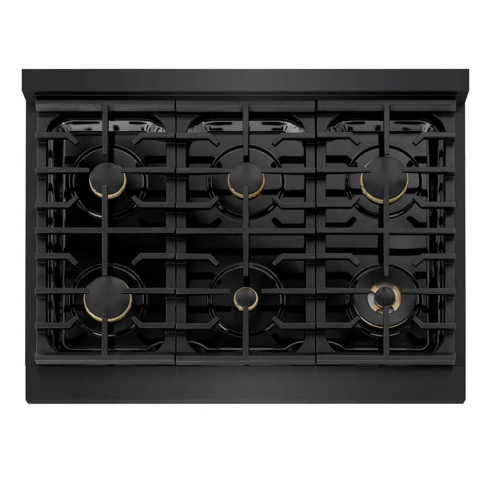 ZLINE Autograph Edition Marino 36-inch range in black stainless steel and polished gold accents MDRBZ-36-G, from above