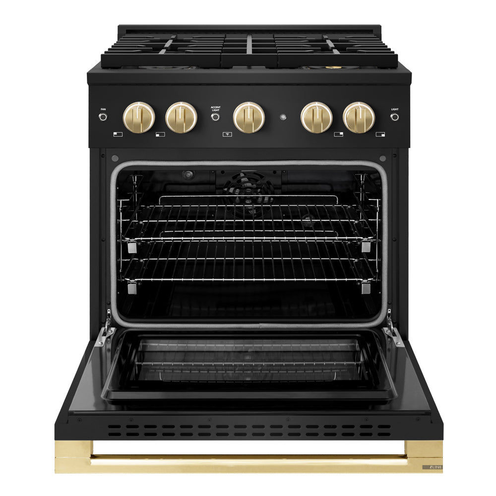 ZLINE Autograph Edition Marino 30-inch range in black stainless steel and polished gold accents PMDRBZ-30-G, front view