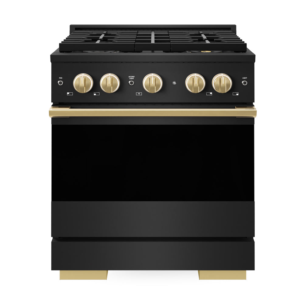 ZLINE Autograph Edition Marino 30-inch range in black stainless steel and polished gold accents PMDRBZ-30-G, front view