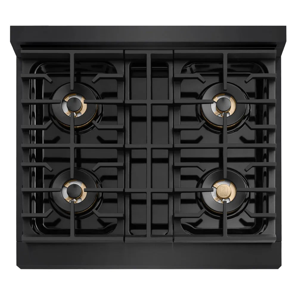 ZLINE Autograph Edition Marino 30-inch range in black stainless steel and polished gold accents PMDRBZ-30-G, from above