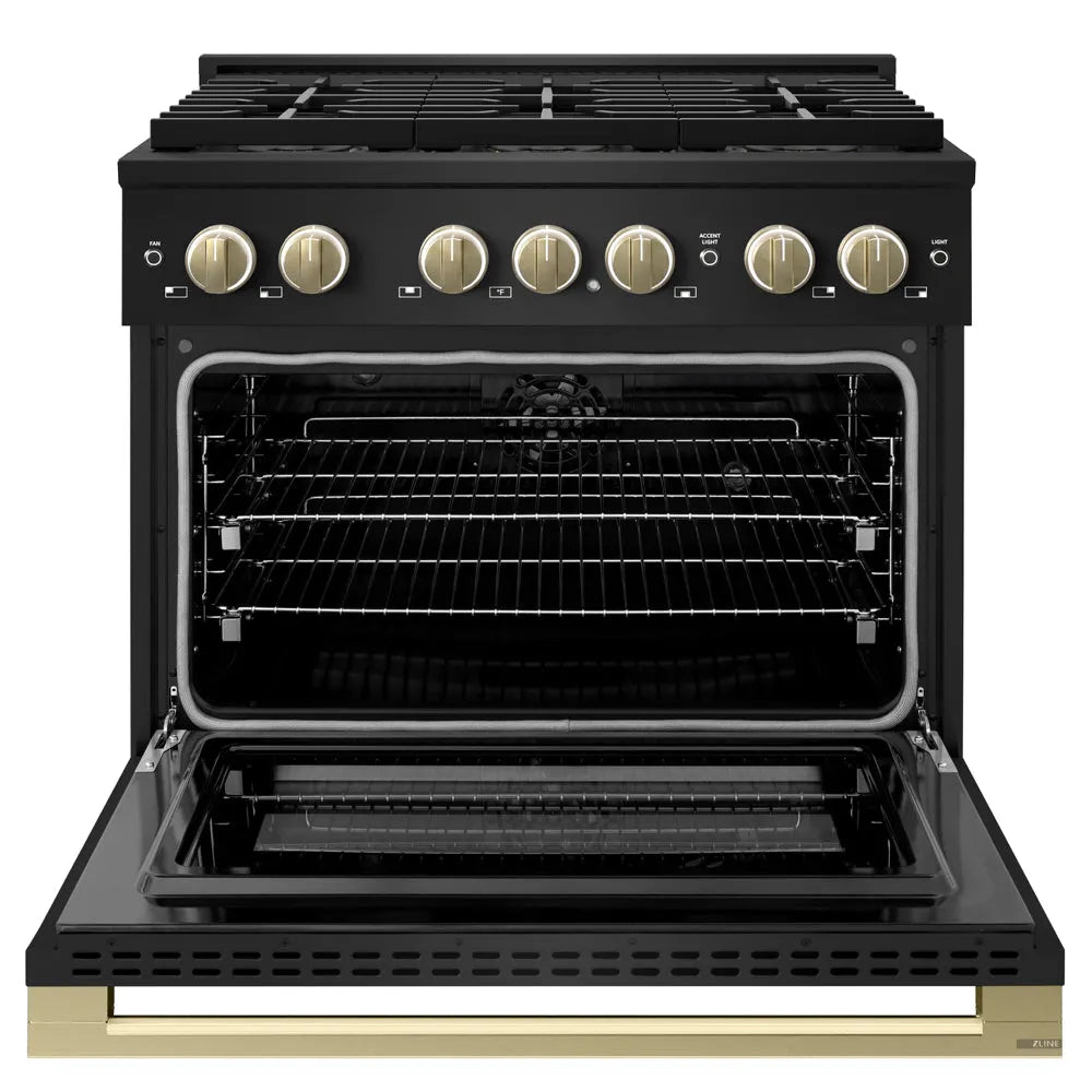 ZLINE Autograph Edition Marino 36-inch range in black stainless steel and champagne bronze accents PMDRBZ-36-CB, front view