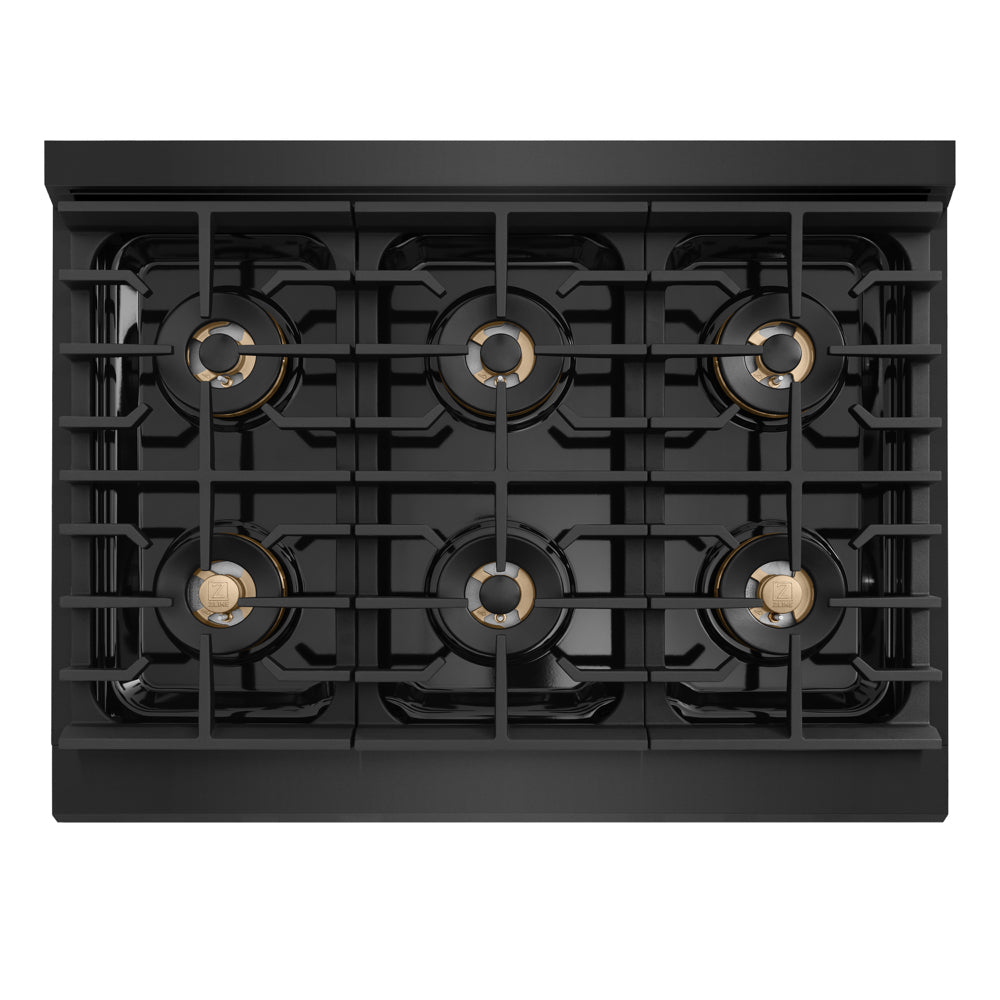 ZLINE Autograph Edition Marino 36-inch range in black stainless steel and champagne bronze accents PMDRBZ-36-CB, from above