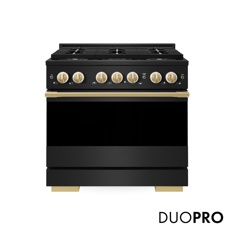 ZLINE Autograph Edition Marino 36-inch range in black stainless steel and polished gold accents PMDRBZ-36-G