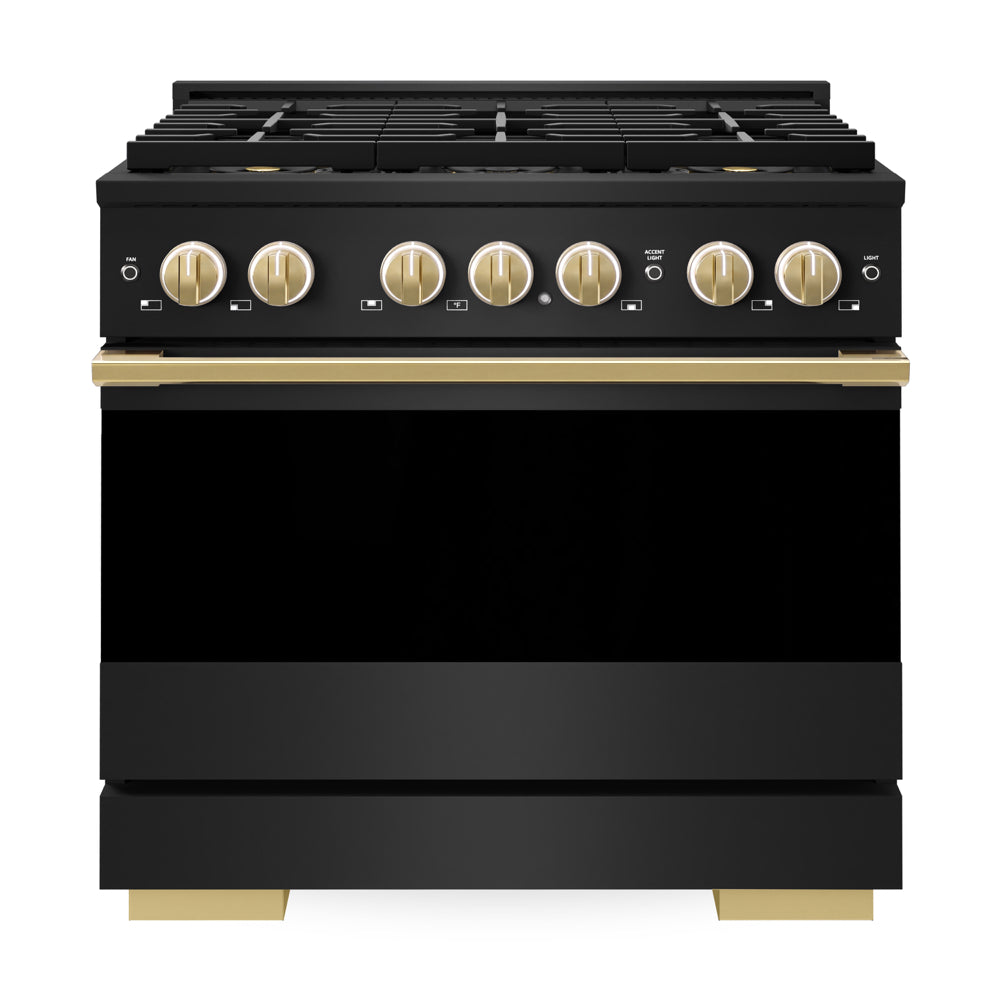 ZLINE Autograph Edition Marino 36-inch range in black stainless steel and polished gold accents PMDRBZ-36-G, front view