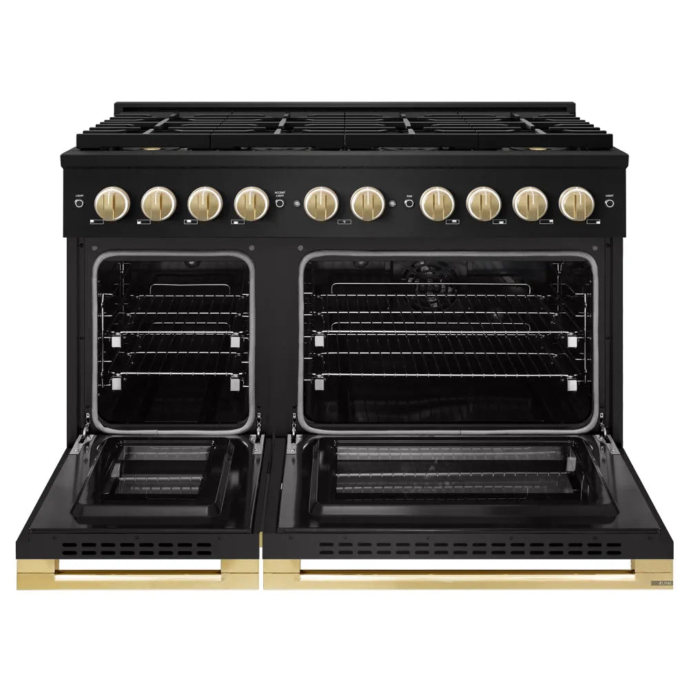 ZLINE Autograph Edition Marino 48-inch range in black stainless steel and polished gold accents PMDRBZ-48-G, front view