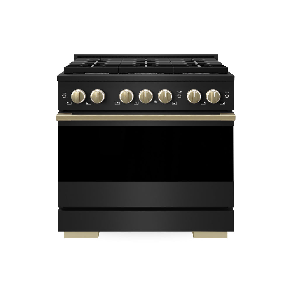 ZLINE Autograph Edition Marino 36-inch range in black stainless steel and champagne bronze accents MGRBZ-36-CB