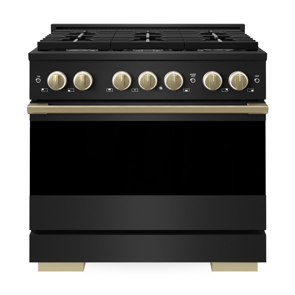 ZLINE Autograph Edition Marino 36-inch range in black stainless steel and champagne bronze accents MGRBZ-36-CB, front view